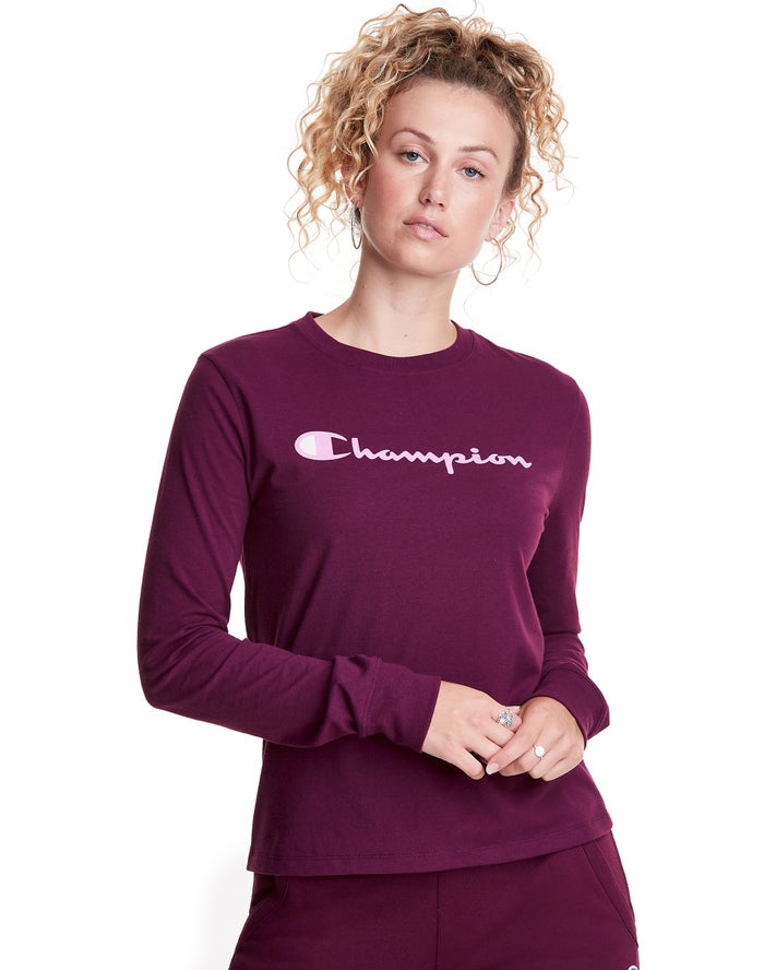 Champion T-Shirt Dames - DonkerPaars - Classic Long-Sleeve Script Logo ( 437096-IRD )